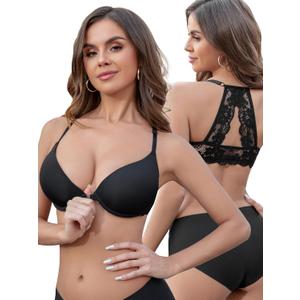Front Closure Bras for Women Lace Racerback Sexy Plunge Lightly Padded Smooth T-shirt Underwire Push Up Bra (36D, Black)