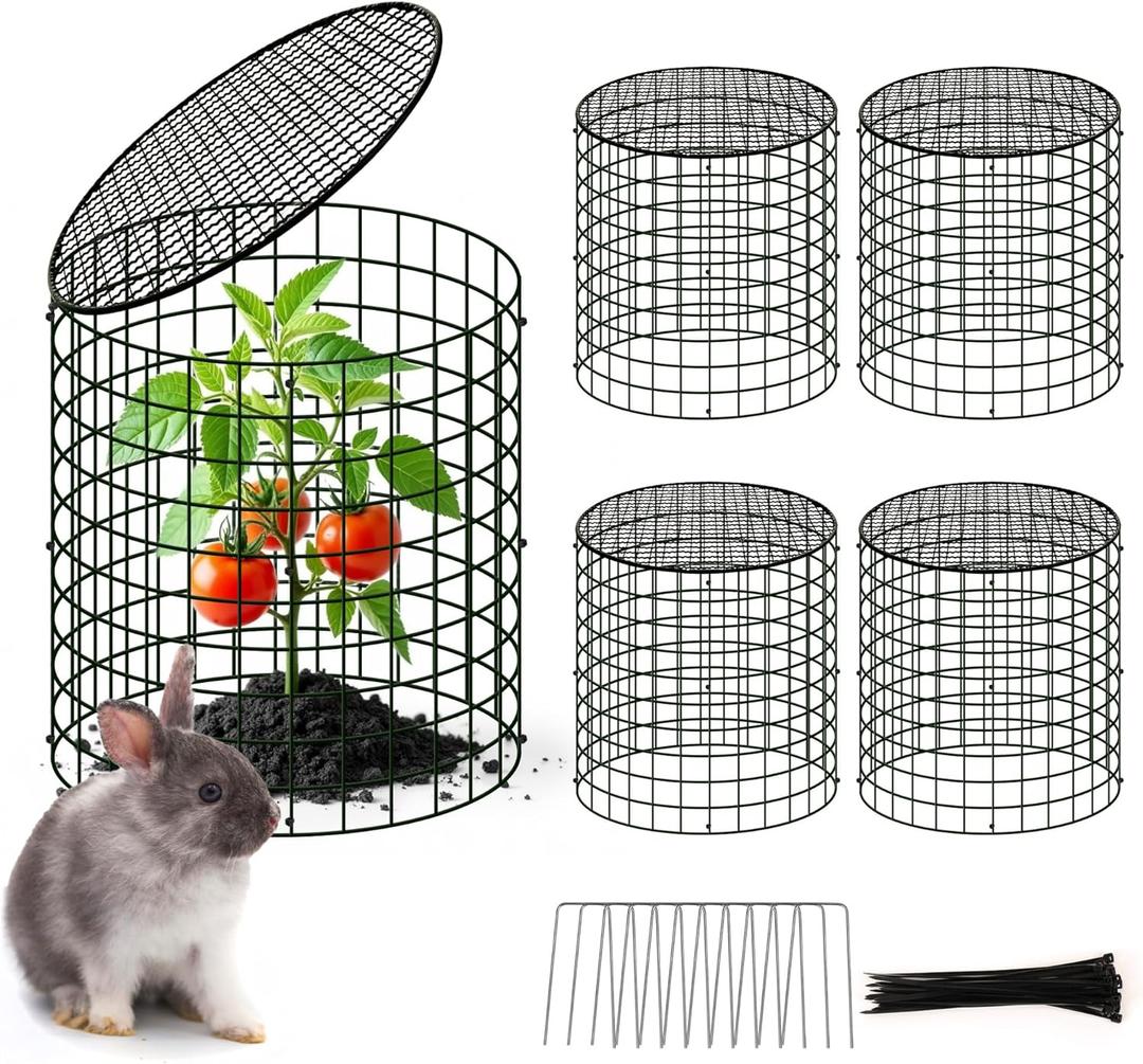 4 Sets of DIY Metal Plant Protectors from Deer, Garden Fencing Animal Barrier Size 11.8 * 12.9 inches, Mesh Plant Cage Chicken Wire Cloche for Plants with Stakes and Nylon Cables