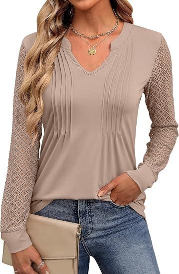 ANRABESS Women Long Sleeve Shirts V Neck Pleated Tunic Top Business Dressy Casual Blouse 2025 Fall Fashion Outfits, Khaki, L