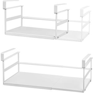 Under Shelf Storage Basket Expandable Organizer, 2 Pack Hanging Baskets Under Cabinet Shelf, Add-on Space Saver Pantry Kitchen Cupboard Desk Counter Bookshelf, Heavy-Duty Slide-in White (8.66D * 10.04-16.81W * 6.3H)