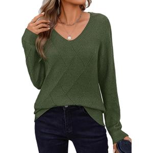 Zeagoo Womens Sweaters Fall 2026 Long Sleeve Knit Pullover V Neck Lightweight Crochet Sweater Tops Dressy Casual (X-Large, Green)