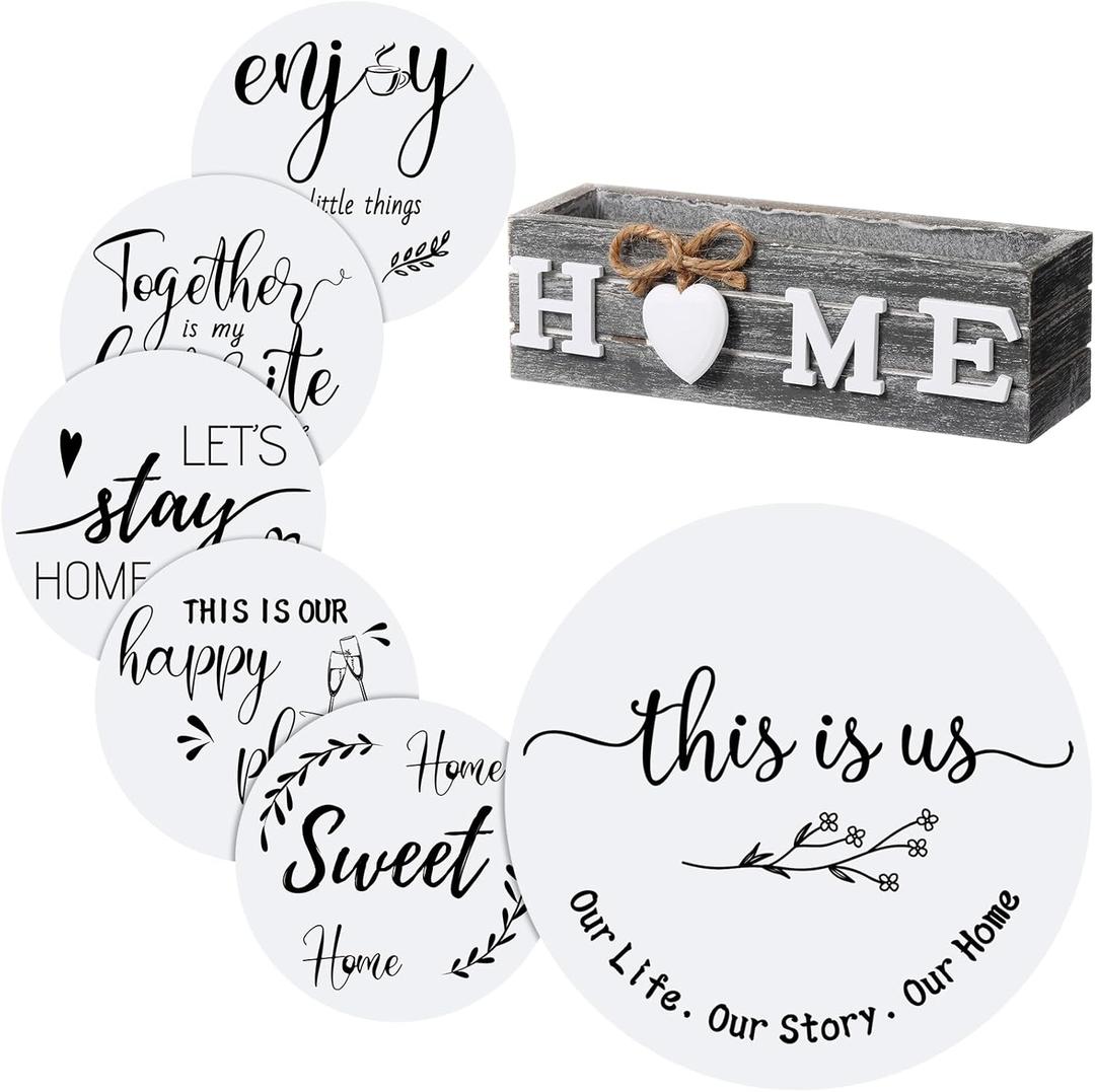 Queekay Housewarming Gifts New Home 1 Farmhouse Trivet for Hot Dishes and 5 Wooden Coasters Round Wood Hot Pads Set with Holder for Home Christmas Decoration 7" and 4"(Gray, White)