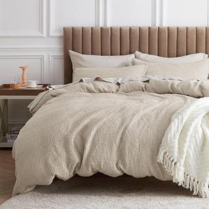 Bedsure Cotton Duvet Cover Queen Size - 100% Cotton Waffle Weave Beige Duvet Cover Queen Size, GentleSoft and Breathable Bedding Set for All Season, 3 Pieces, 90"x90"
