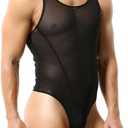 ABAFIP Men's Mesh Undershirts Bodysuit Sleeveless Sheer Tank Top Jumpsuit Fitness Mankini Jumpsuit Singlet Rave Tanks Black Medium
