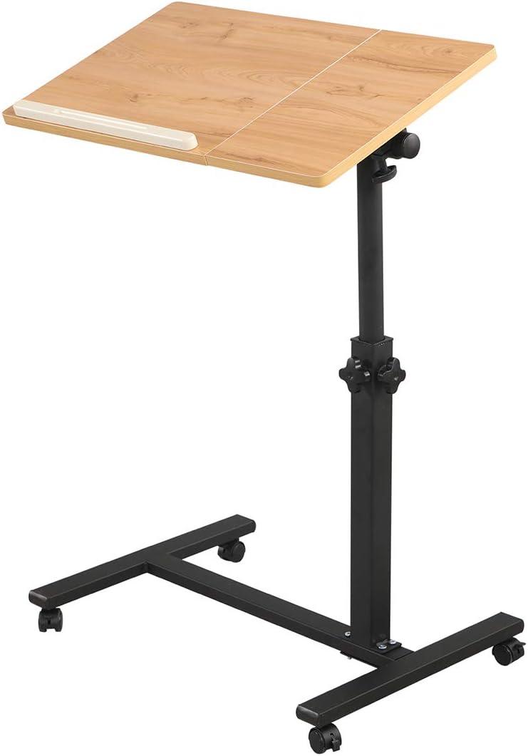 TigerDad Overbed Bedside Desk Mobile Rolling Laptop Stand Tilting Overbed Table with Wheels Height Adjustable Tray Table for Laptop Bed Sofa Side Table (Wood), 15.7 X 13.7 X 23.6-35.3 Inches