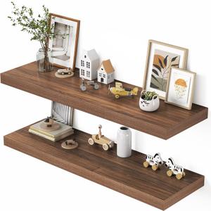Dreamland 48" Floating Shelves for Wall, 12" Deep Thicker Walnut Floating Shelves, Wall-Mounted Shelves for Bedroom, Living Room, Kitchen, Bathroom - Set of 2