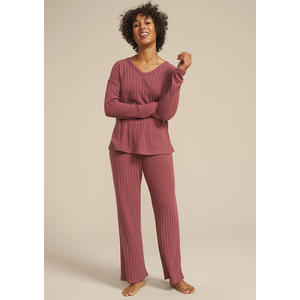 Cozy Wide Ribbed Long Sleeve Tee And Wide Leg Pajama Set (XL, Pink)