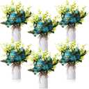 6 Sets Artificial Peonies Flowers, 6 Artificial Peony with Vase 6 Faux Eucalyptus, Faux Silk Peony Bouquet Spring Flowers for Decoration Wedding Party Home Dining (Teal)