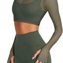 LASLULU Mesh Long Sleeve Crop Tops for Women Double Lined Workout Athletic Gym Shirts Cropped Tops with Built in Bra (Green, L)