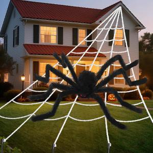 Land Guard 240'' Big Spider Web Halloween Decor+70'' Huge Spider for Roof with Triangular Big Web for on House Outside and Inside
