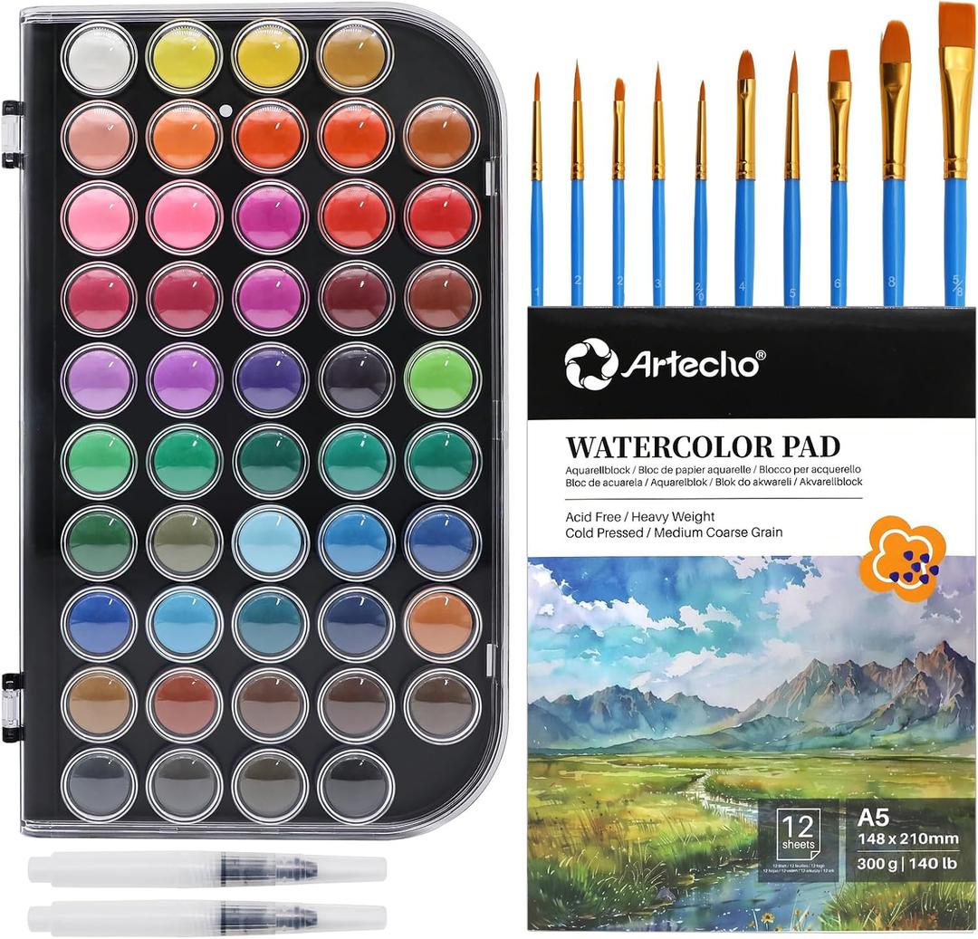Artecho 48 Colors Watercolor Paint Set with Pad | 10 Paint Brushes, A5 Watercolor Paper Pad, 2 Watercolor Pens, Washable, Adult Set, 213 Count