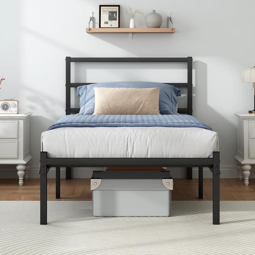 Twin Bed Frames with Headboard and Footboard, 14 Inch Metal Platform Twin Size Bed Frame with Steel Slat Support, No Box Spring Needed, Noise Free, Easy Assembly, Black