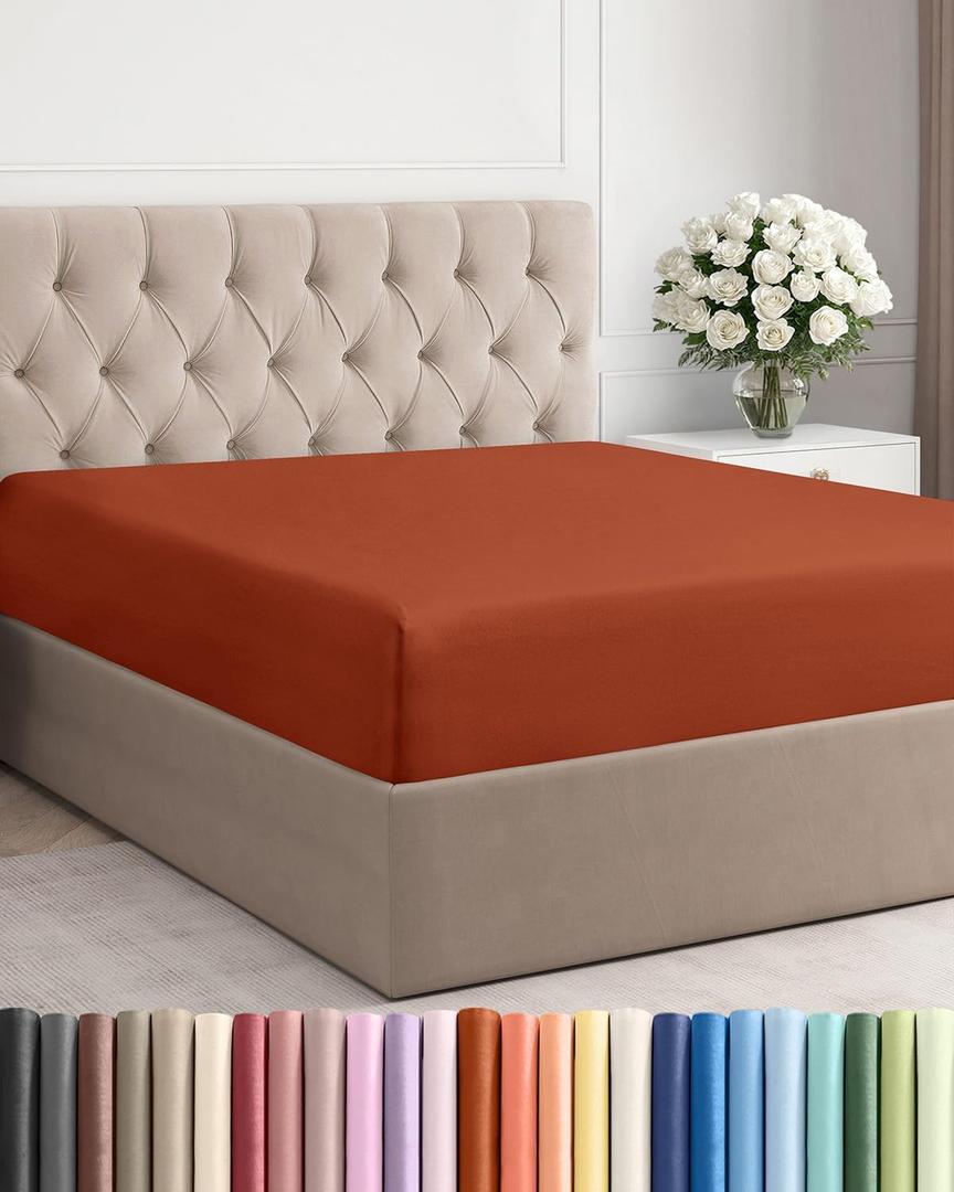 Queen Fitted Bed Sheet - Bottom Single Fitted Sheet Only - Soft Hotel Luxury Bedding w/ 8-16 Inch Deep Pockets - Breathable, Cooling & Wrinkle Free - Easy-Care, Fade and Shrink Resistant - Terracotta