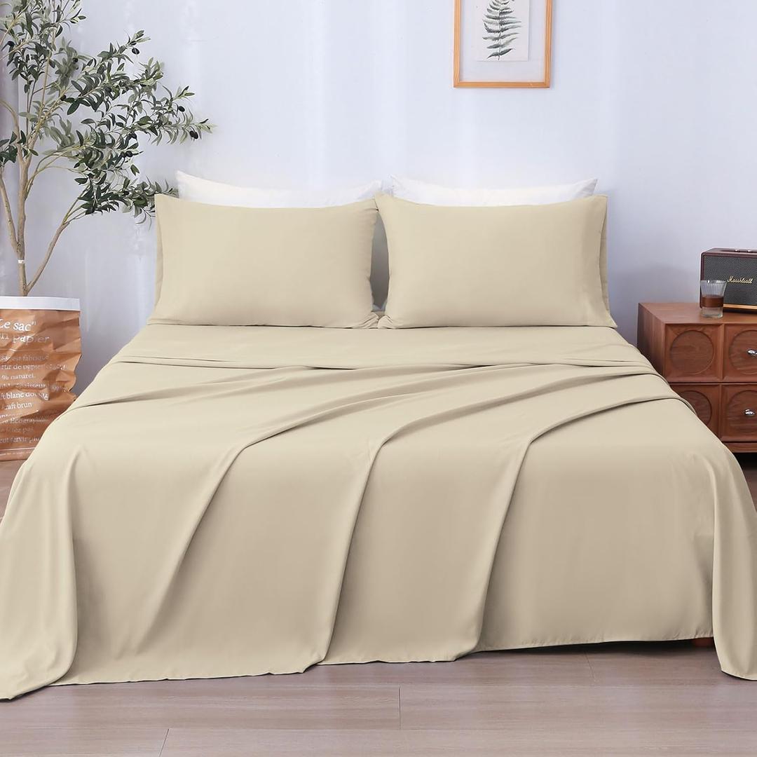 LONAVA Queen Sheet Set 4 Pieces,Beige Ultra Soft & Breathable Microbifer Sheets, 1600 Thread Count Hotel Luxury Oeko-Tex Bed Sheets, 14-16 Inch Deep Pocket Durable Wrinkle Free Sheets