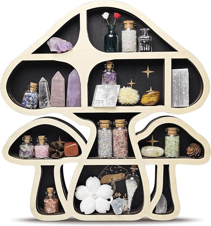 Wooden Mushroom Floating Shelves, Crystal Display Shelf for Wall, Cute Mushroom Wall Decor, Rock Gem Stone Storage Organizer, Essential Oil Holder Hanging Case, Meditation Art Spiritual Gift