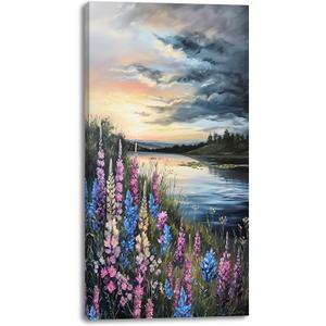 LASMOND Beautiful Colorful Grassland by Riverbank Landscape Wall Art Decor Artwork for Bedroom (24x48 Inches) (46L" x 23W")