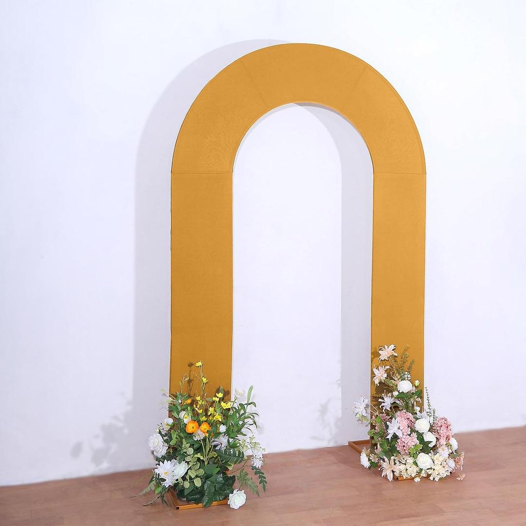Tableclothsfactory 8ft Gold Spandex Fitted Open Arch Backdrop Cover, Double-Sided U-Shaped Wedding Arch Slipcover
