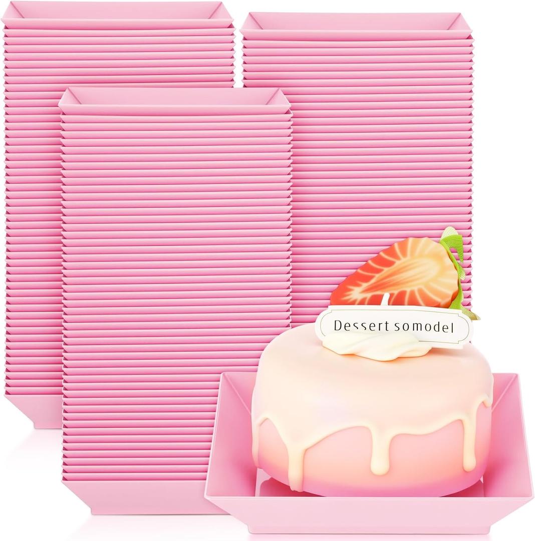 Zhehao 100 Pcs Plastic Dessert Appetizer Plates Disposable, 3.6 x 3.6 Inch Small Square Plastic Dessert Cake Snack Plate for Wedding Birthday Bridal Baby Shower All Occasion Party (Pink)