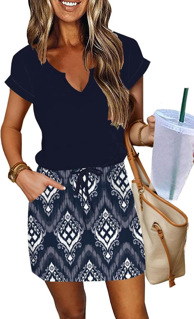 SAUKOLE Women Summer T Shirt Dress Casual Short Sleeve V Neck Dress with Pockets Drawstring Waist Short Dresses (Medium)