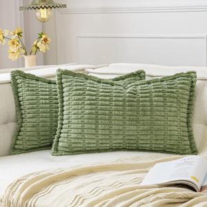 MIULEE Sage Green Corduroy Decorative Throw Pillow Covers Pack of 2 Soft Striped Pillows Pillowcases with Broad Edge Spring Winter Modern Boho Home Decor for Couch Sofa Bed 12x20 Inch