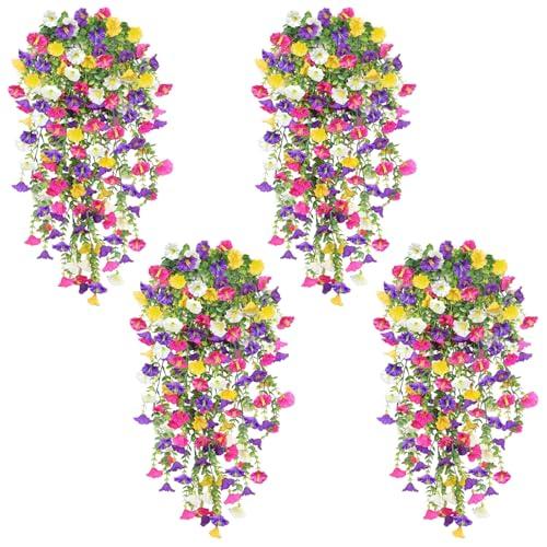 4PCS Artificial Hanging Flowers for Outdoors Summer Decoration, Fake Hanging Plants Faux Petunias with Eucalyptus, UV Resistant No Fade Plastic Realistic Silk Flowers for Porch Patio Balcony Indoor