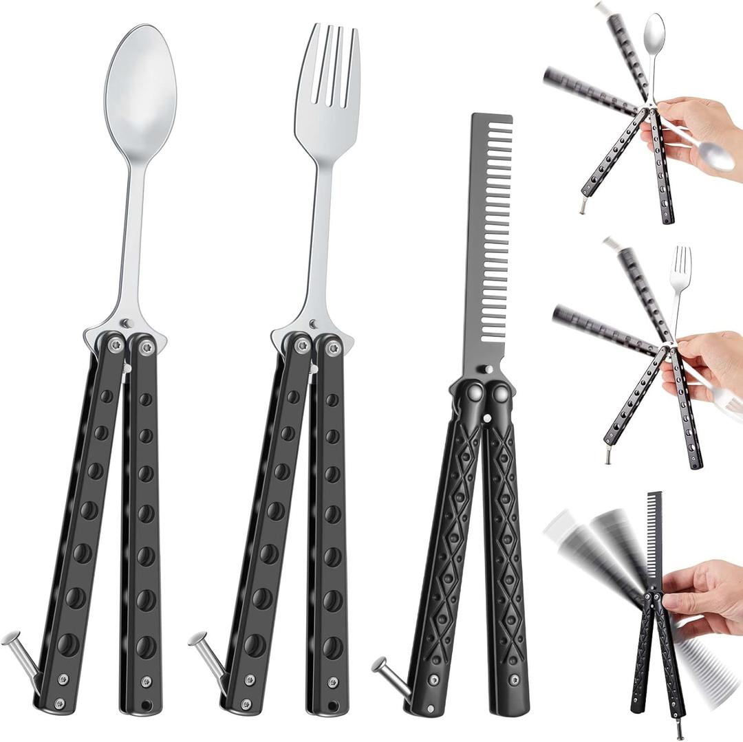 Eaasty Set of 3 Butterfly Comb, Fork and Spoon Set, Tactical Stainless Steel Folding Butterfly Spoon for Camping Hunting Travel Outdoor (Black)