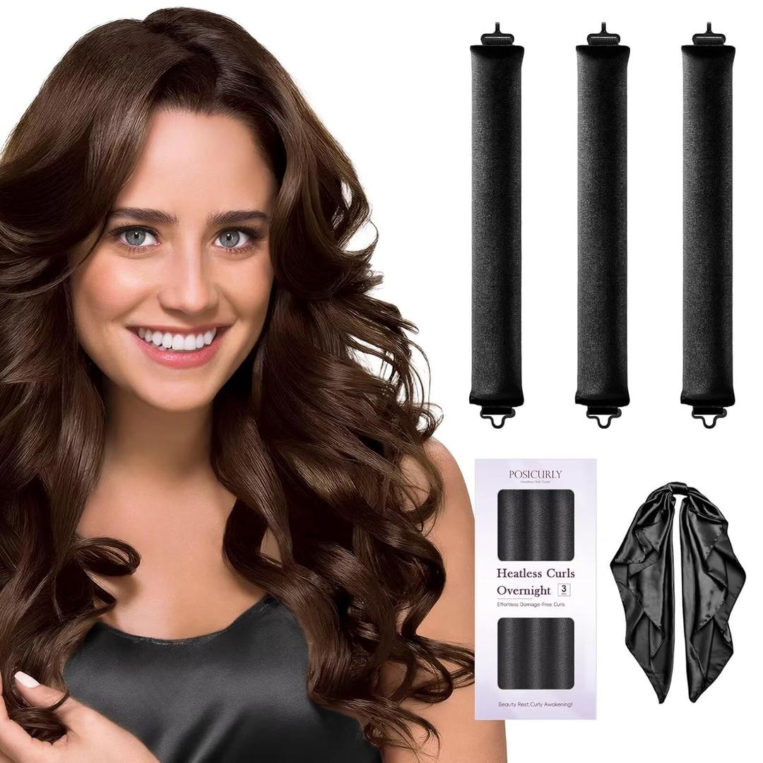 Heatless Hair Curler Overnight Curls-3 Pcs No Heat Curling Blowout Rod to Sleep In,Hair Rollers with Satin Scarf (Black)