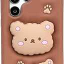 Cute 3D Bear Phone Case for Samsung Soft Silicone Shockproof Cover with Built-in Stand, Adorable Cartoon Teddy Bear Design Silicone Phone Cover for Girls Kids Teens (for Galaxy S21 FE,Brown)