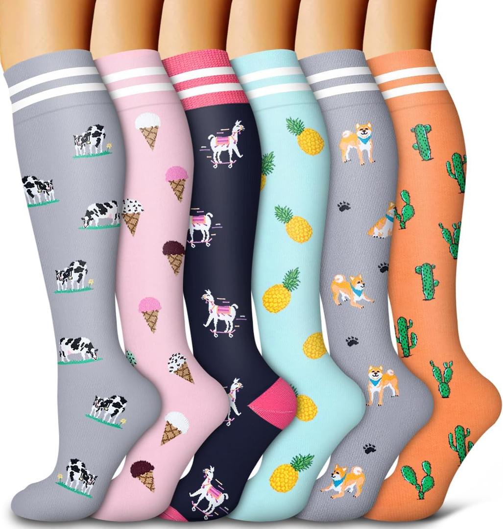 Bluemaple 6 Pack Copper Compression Socks for Women and Men Circulation-Best Support for Medical, Running,Nursing,Athletic (Small-Medium, C-grey+pink+navy Blue+blue+grey+orange)