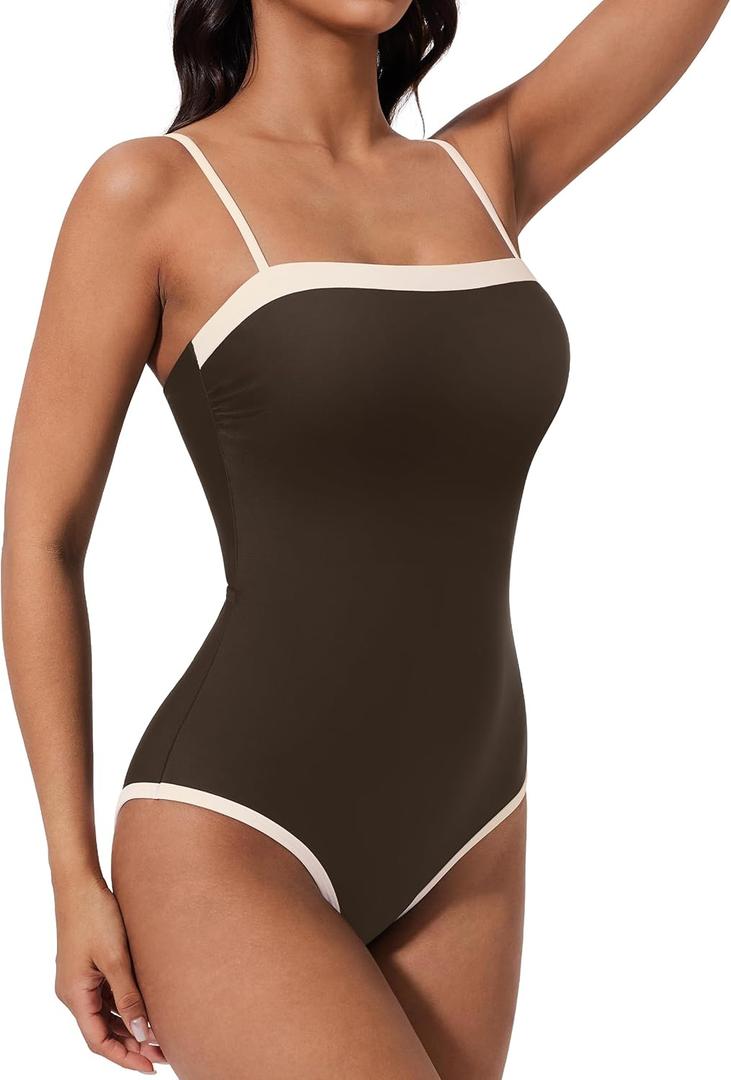 SUUKSESS Women One Piece Tummy Control Swimsuit Sexy Color Block Bathing Suit (Large, Brown)