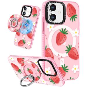 for iPhone 12 Case for Women Girls - Compatible with Magsafe Cute Design Magnetic Ring Holder Stand Strawberry Flower Fashion Pattern TPU Phone Covers for iPhone 12 Phone Case