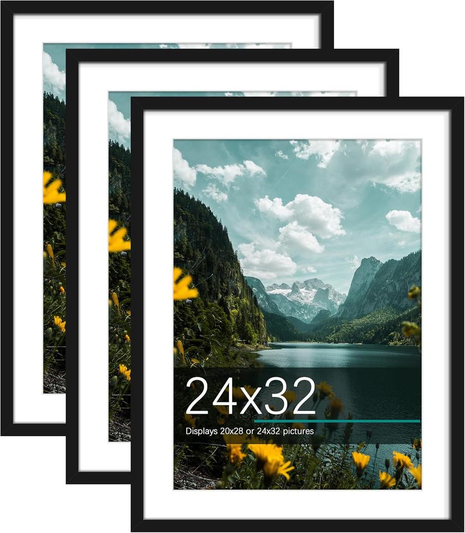 Picrit 24x32 Picture Frame 3 Pack, Black Poster Frame, Display Poster 20 x 28 with Mat or 24 x 32 without Mat for Horizontal or Vertical Wall Mounting