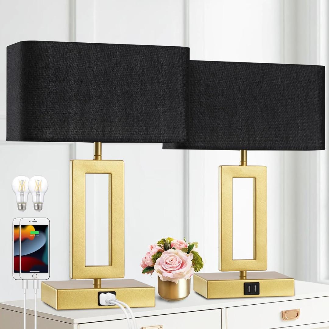 gernehop Black Table Lamps Set of 2 with Dual USB Ports,3-Way Dimmable Touch Control Bedside Lamps,Modern Bedroom Table Lamp for Living Room,Nightstand LED Bulbs Included