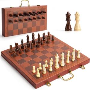 Magnetic Chess Set 15.5 Inch Chess Boards for Adults & Kids, Leather & Wooden Folding Board with Handmade Wood Pieces, Travel Chess Sets Game with Portable Handle for Beginners Professionals