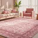 OPPODREAM Vintage Pink Area Rugs 10x14, Washable Rug for Living Room | TPR Non-Slip Backing, Retro Low-Pile Faux Cashmere Surface, 10 by 14 Distressed Carpet for Bedroom, Office, Dorm, Dining Room