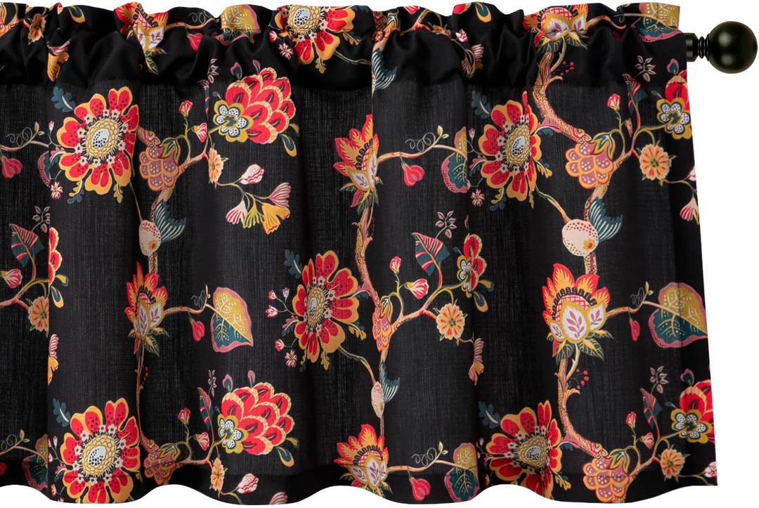 Leeva Vintage Floral Curtains Valances, Light Filtering Curtain Panel for Living Dining Room, Rod Pocket Design (1 Piece, 52 x 18, Red and Black) (M8)