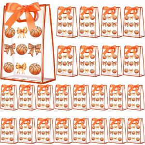 Sunnymove 24 Pcs Cheer Clear Plastic Gift Bags with Handles 10 x 7 x 3.1 Inch Reusable Clear Goodie Snack Treat Gift Bags with Ribbon for Cheerleader Teammates Sport Party Supplies (Basketball Bow)