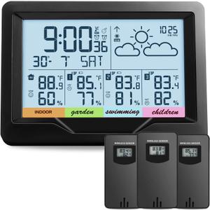 Weather Station Wireless Indoor Outdoor with 3 Sensors, Indoor Outdoor Thermometer with Digital Atomic Clock & dual alarm, Temperature Humidity Monitor and Barometer with backlight for Forecast, Black