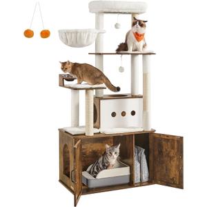 Feandrea Cat Tree, 66.9-Inch Cat Tower with Litter Box Enclosure, Large Cat Condo with Food Station, Storage, Scratching Posts, Cat Cave, Hammock, Washable Cushions, Rustic Brown UPCT169K01