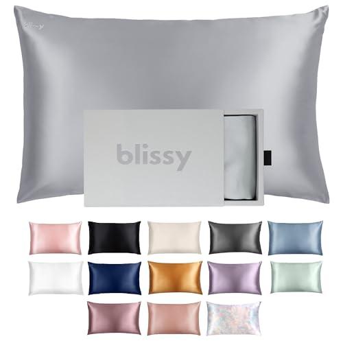Blissy Silk Pillowcase - 100% Pure Mulberry Silk - 22 Momme 6A High-Grade Fibers - Silk Pillow Cover for Hair & Skin - Regular, Queen & King with Hidden Zipper (Standard, Silver) 30×20"