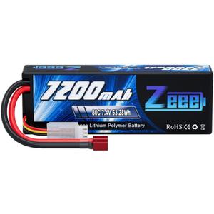 Zeee 2S Lipo Battery 7.4V 80C 7200mAh Hardcase RC Battery with T Connector for RC Vehicles Car Truck Losi Slash Buggy Team Associated