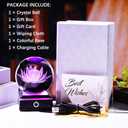 YWHL 80mm 3D Engraving Crystal Lotus Flower Figurine Ball with Light Base, Glass Lotus Flower Gifts for Women for Birthday Decorative Glass Ball Paperweight