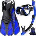 Zenoplige Mask Fins Snorkel Set, Snorkeling Gear for Adults, Panoramic View Snorkel Mask Anti-Fog, Adjustable Dive Flippers, Dry Top Snorkel and Travel Bag, Scuba Gear for Swimming Snorkeling Diving (Blue Black)  S/M
