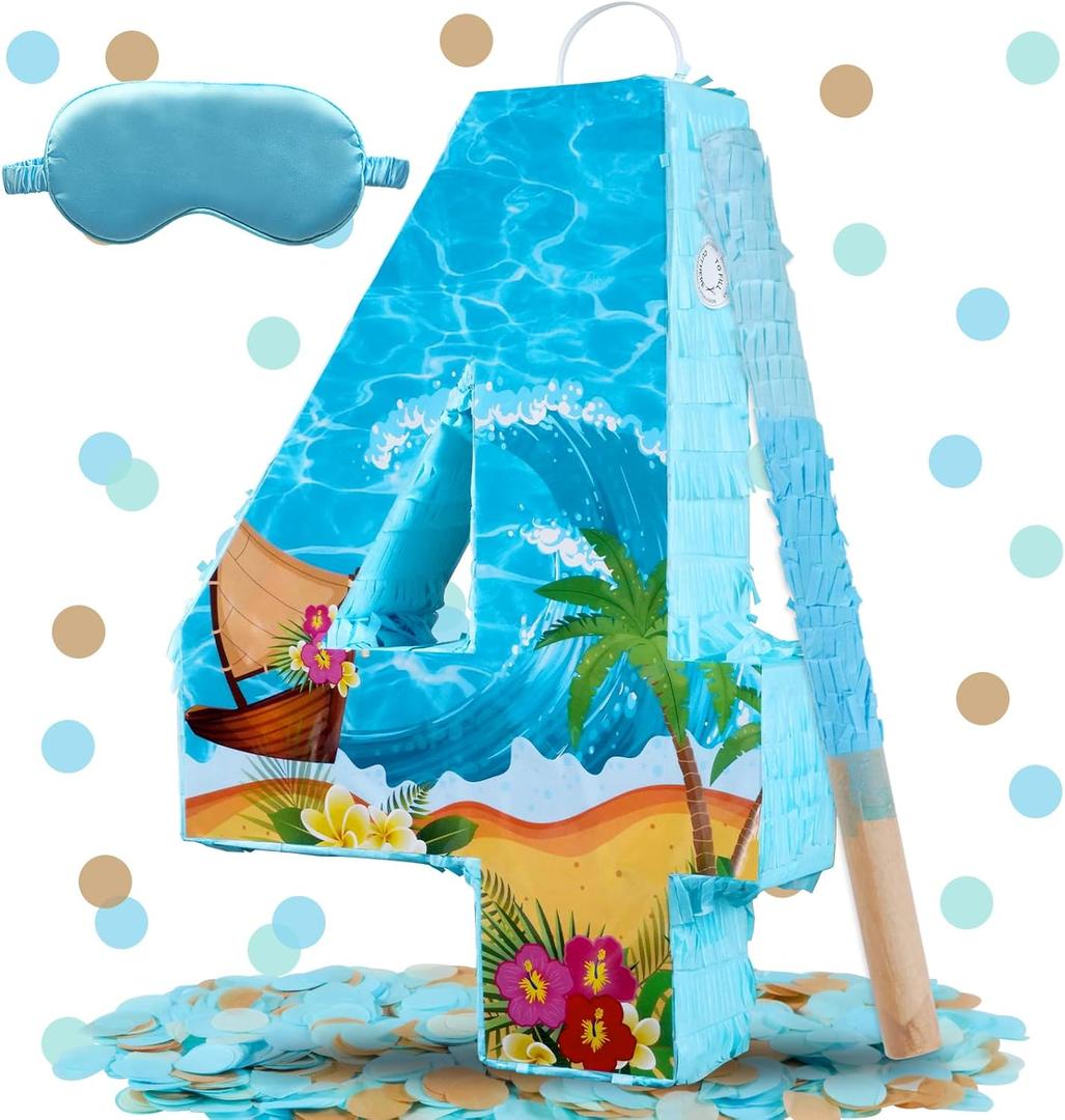 Blue Sea Number 4 Pinata, 16 Inch Hawaii Beach Theme Piñata for 4th Birthday Party Decorations with Stick, Blindfold and Confetti (Blue Sea 4 Pinata)