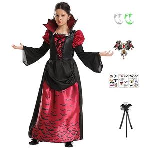 Royal Vampire Costume Girls Kids Halloween Costumes Gothic Victorian Vampiress Queen Role Play Dress with Accessories Bat Wand Choker Glow in The Dark Stickers Teeth HN013M ,7-8Y