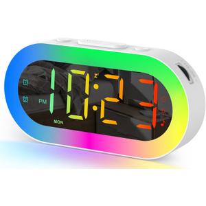 Alarm Clocks for Bedrooms for Kids Boys Girls Teens Seniors, Colorful Night Light Alarm Clock with USB Ports, 0-100% Dimmer, Sound Machine, Customize Alarm, Desk Small Digital Clock, Game Room Decor