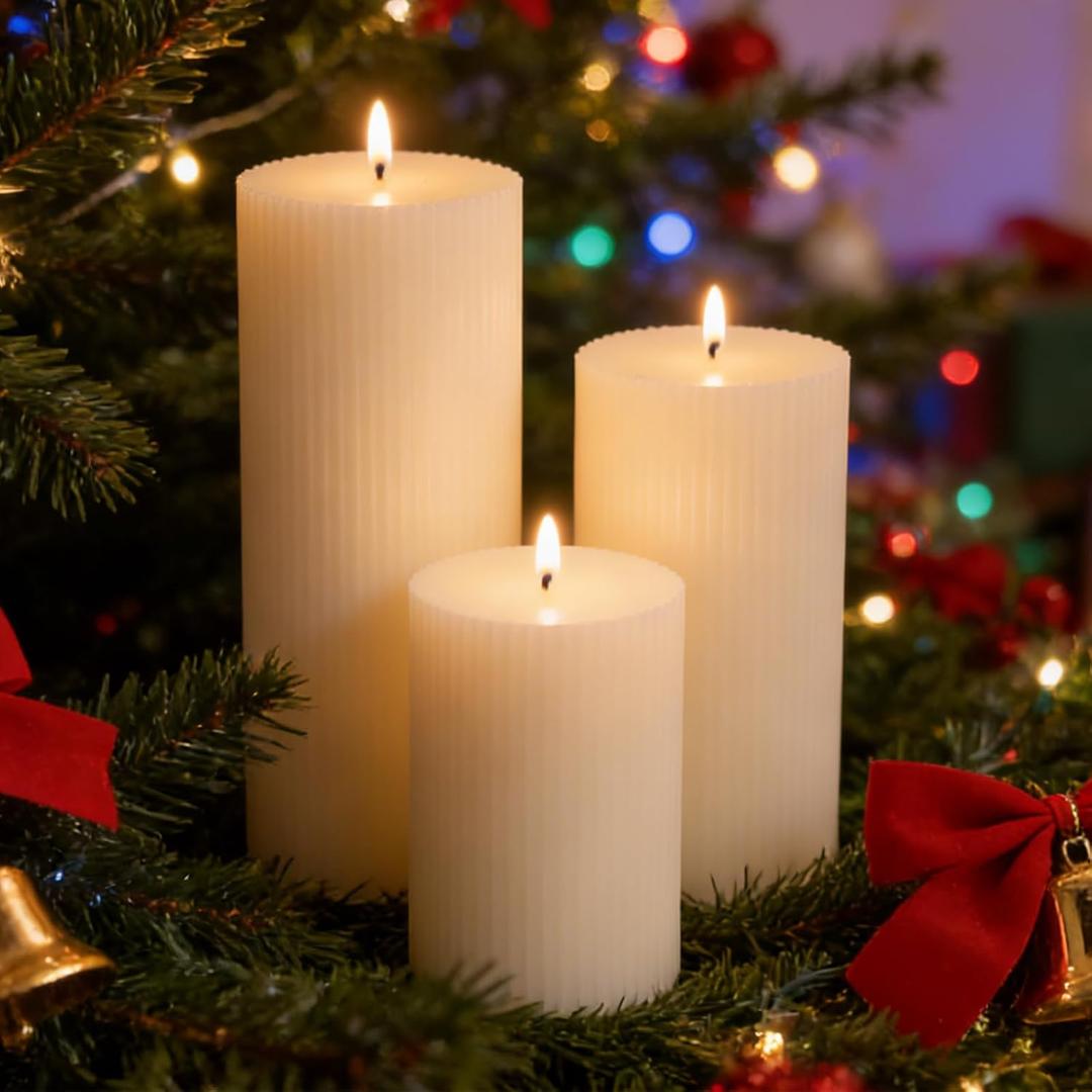 3 Packs Thick Ribbed Pillar Candles, 4/6/8 Inch Soy White Pillar Candles Set, White Votive and Emergency, Smokeless&Dripless Large Round Decor for Wedding/Home/Office
