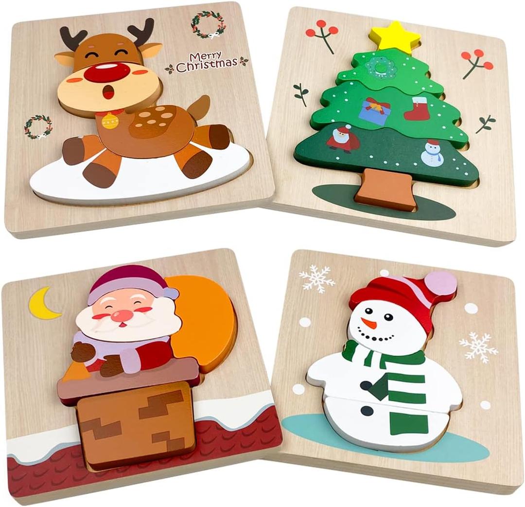 Anditoy 4 Pack Christmas Wooden Puzzles for Kids Toddlers Christmas Toys Christmas Stocking Stuffers Party Favors Gifts