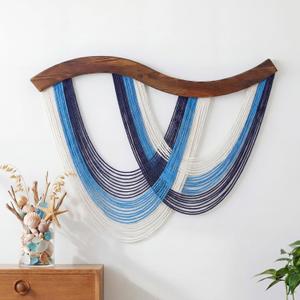 Mindsoft Macrame Wall Hanging Dip Dyed Handmade Woven Tapestry Boho Wall Decor Navy Blue Neutral Modern Bohemian Walls Art Decorations for Headboard Bedroom Living Room Fireplace, 31.5 x 23.6''