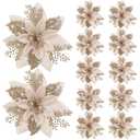 Canlierr 12 Pieces 5.7 Inch Christmas Poinsettia Flower Christmas Glitter Artificial Flower with Clips Xmas Tree Ornament for Wreath Garland Party Decor (Champaign Gold)